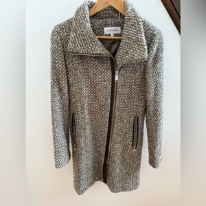 Calvin Klein brown and beige wool blend asymmetrical long pea coat. Size XS